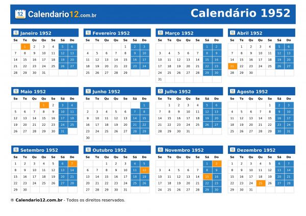 Calendário 1952