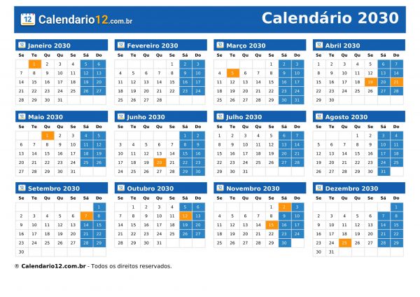 Calendário 2030