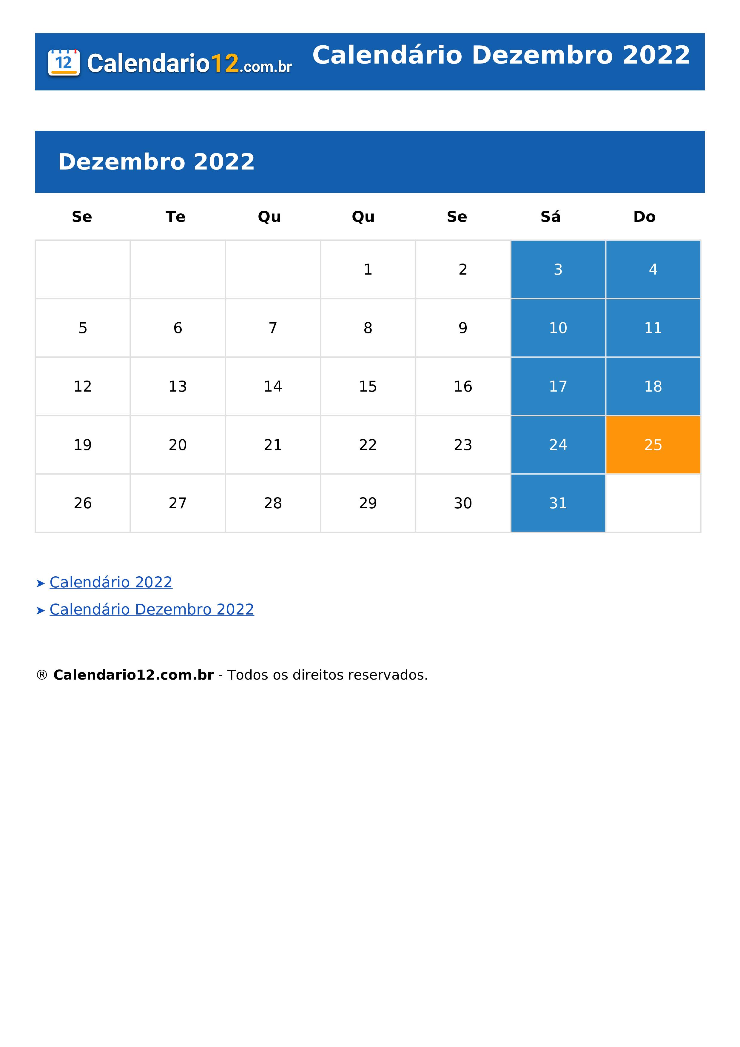 Calendário Dezembro 2022