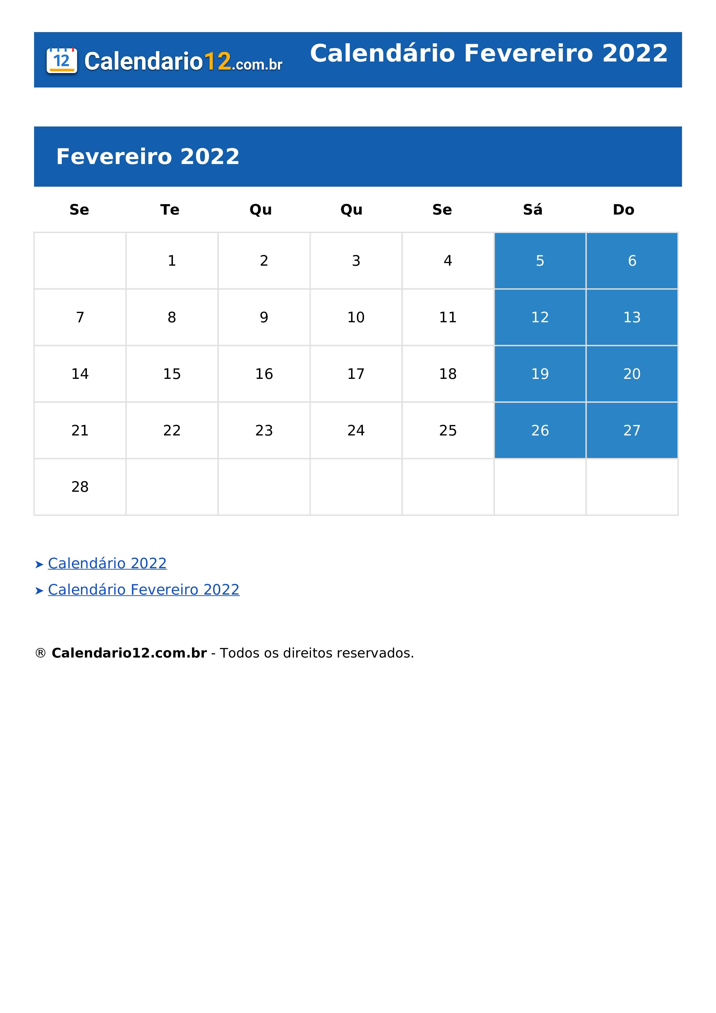 Calendário Fevereiro 2022