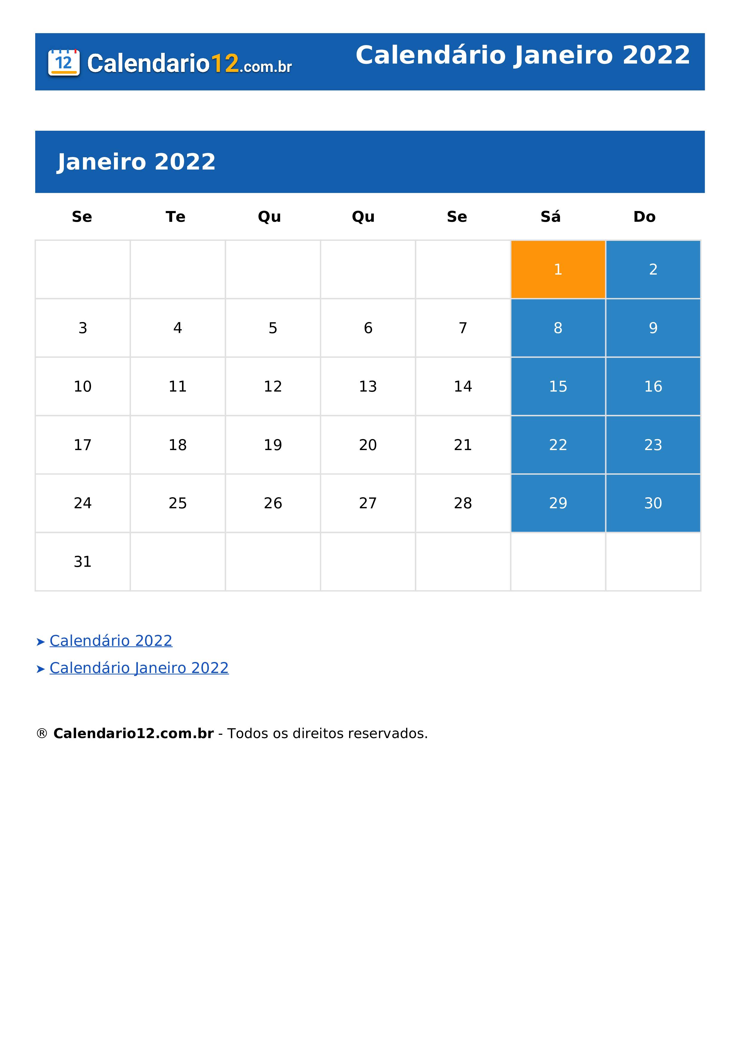 Calendário Janeiro 2022