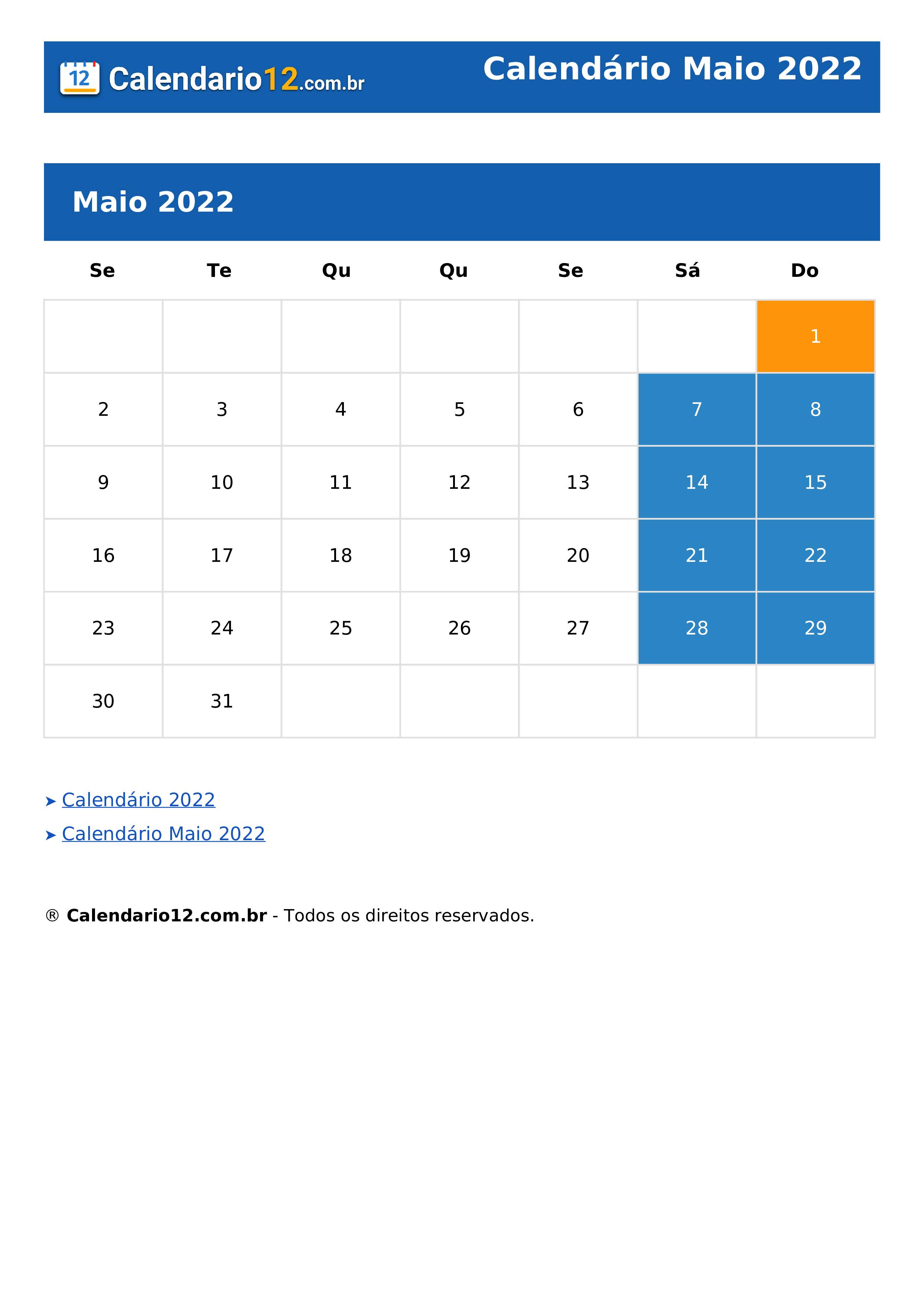 Calendário Maio 2022