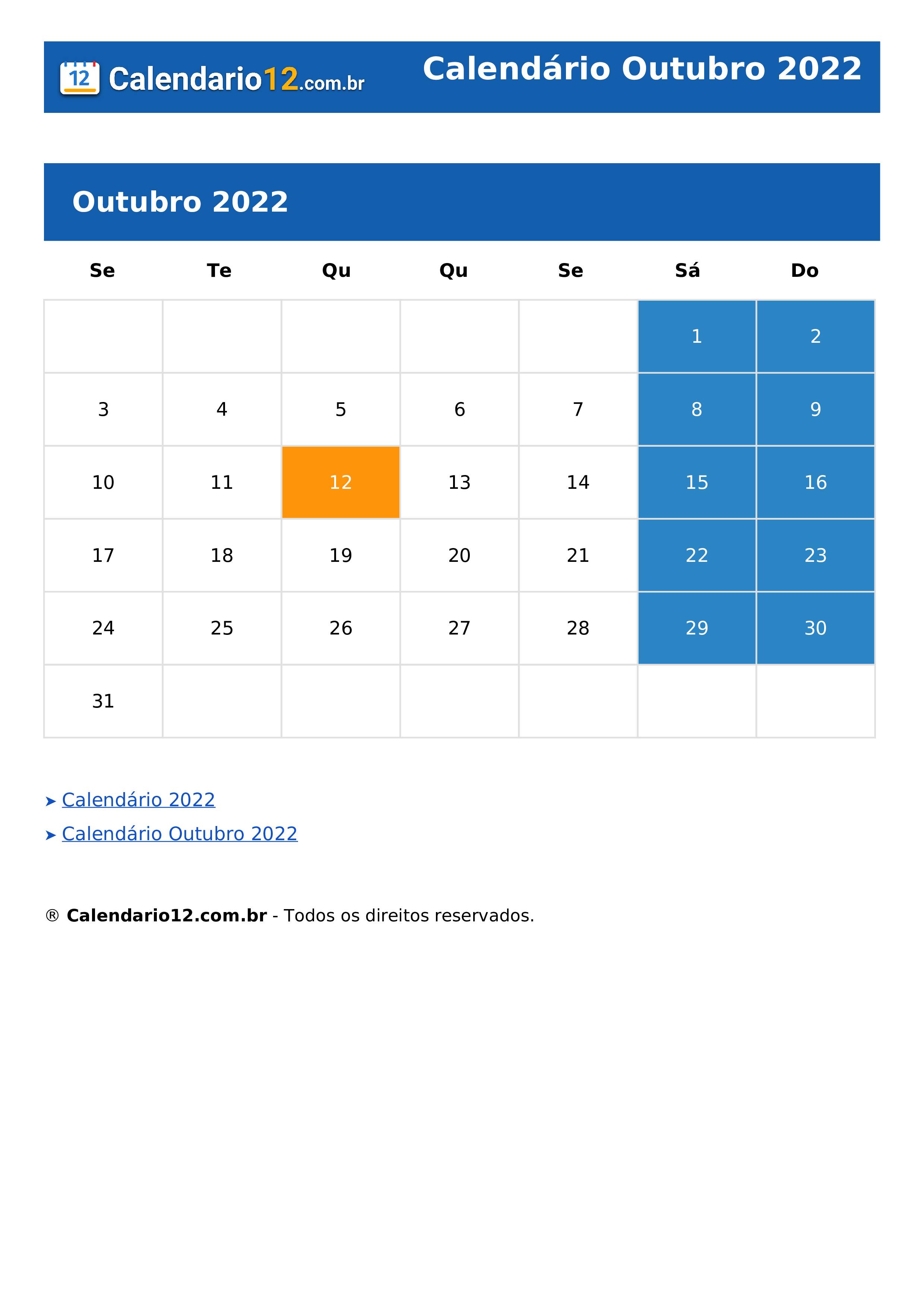 Calendário Outubro 2022