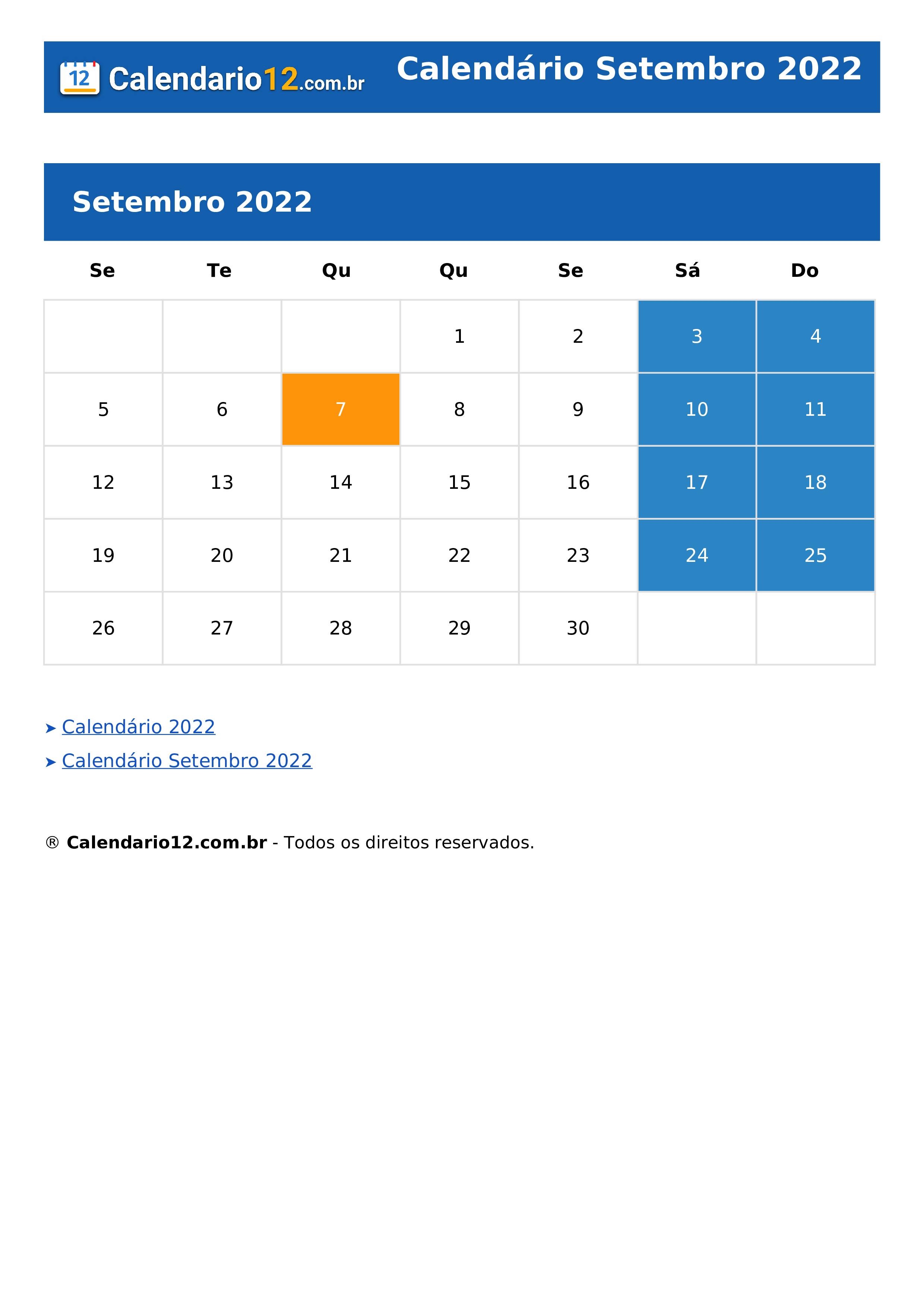 Calendário Setembro 2022